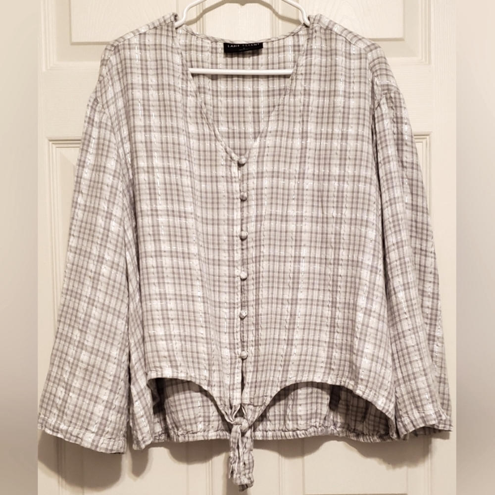 LANE BRYANT Silver Gray and Tan stripes Button Down Top. Size 18